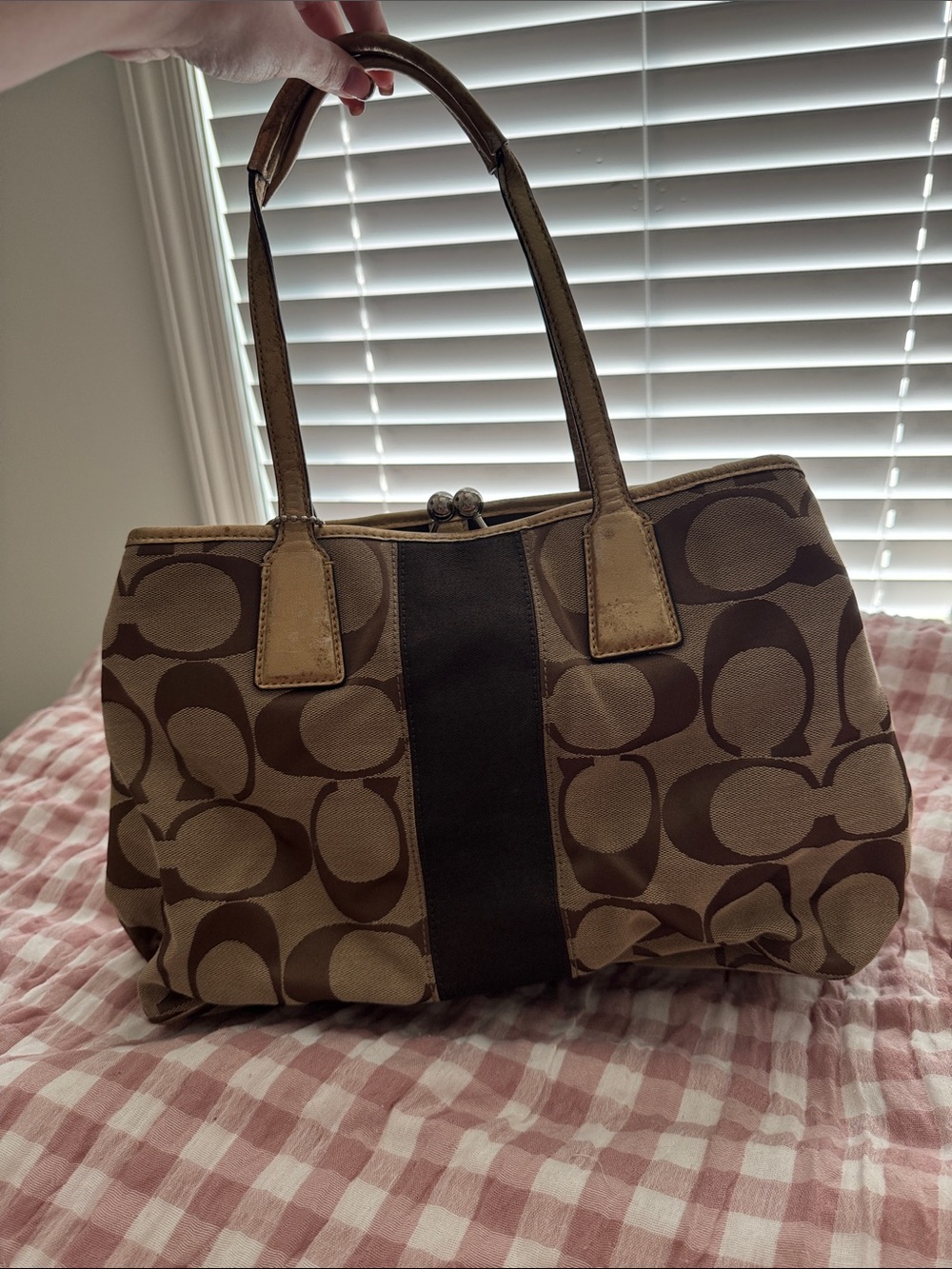 Vintage Y2K Coach Signature Stripe Framed Kisslock Carryall Tote Bag